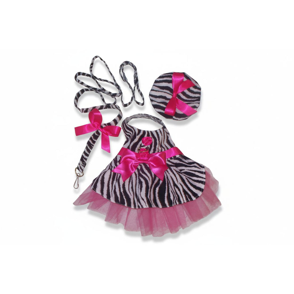 Hot pink zebra dress, hat and leash set.