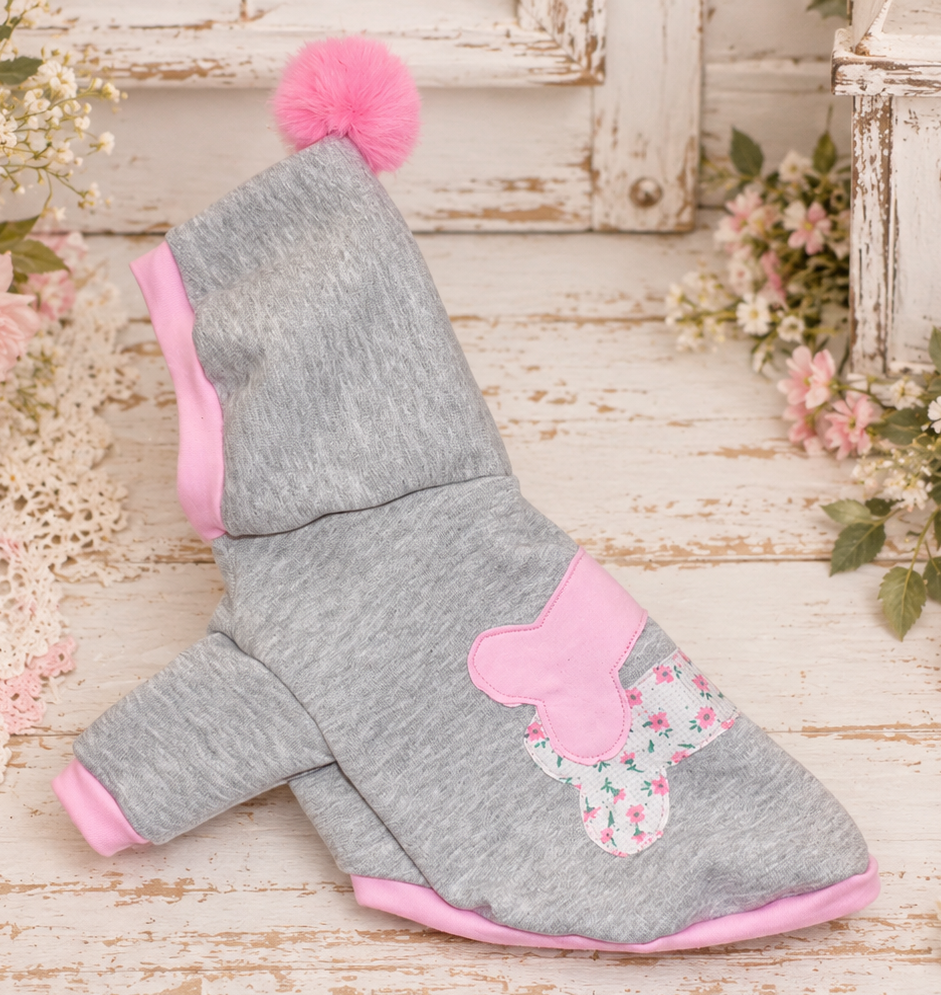 Heather Gray and Pink Bone Patches Dog Hoodie