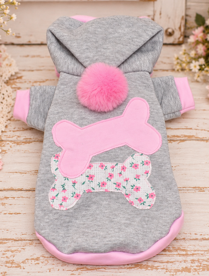 Heather Gray and Pink Bone Patches Dog Hoodie