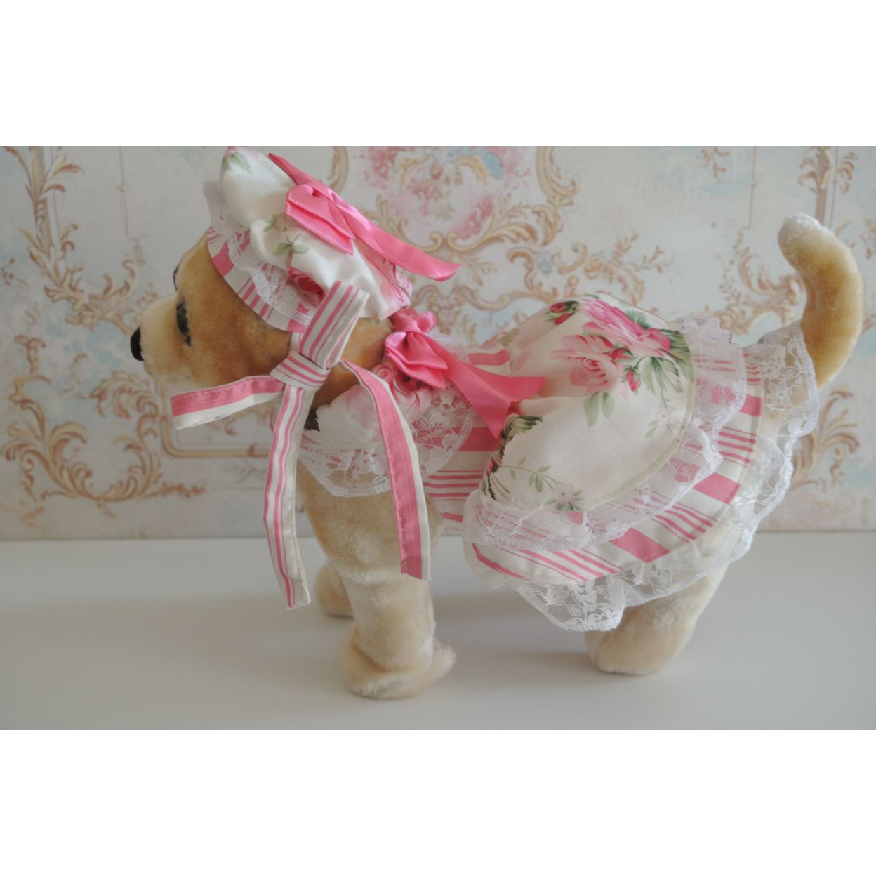 Shabby Roses Dog Dress with matching beret