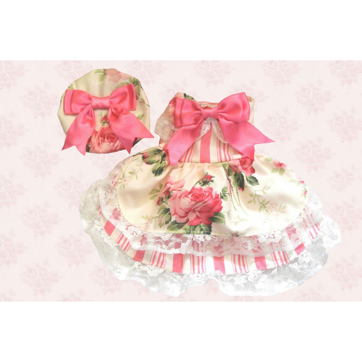 Shabby Roses Dog Dress with matching beret