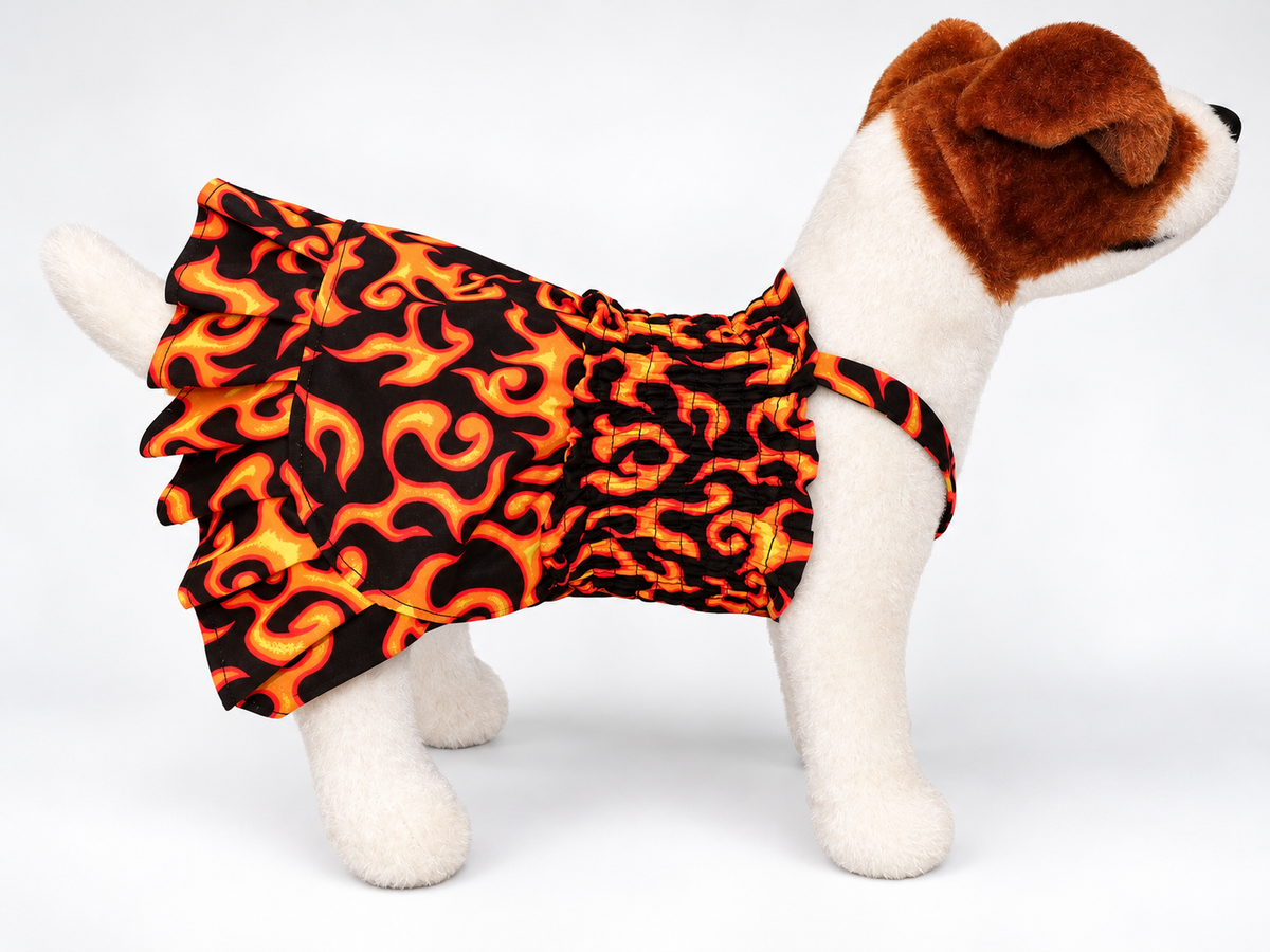 Orange Flames Elastic Smocked Dog Dress