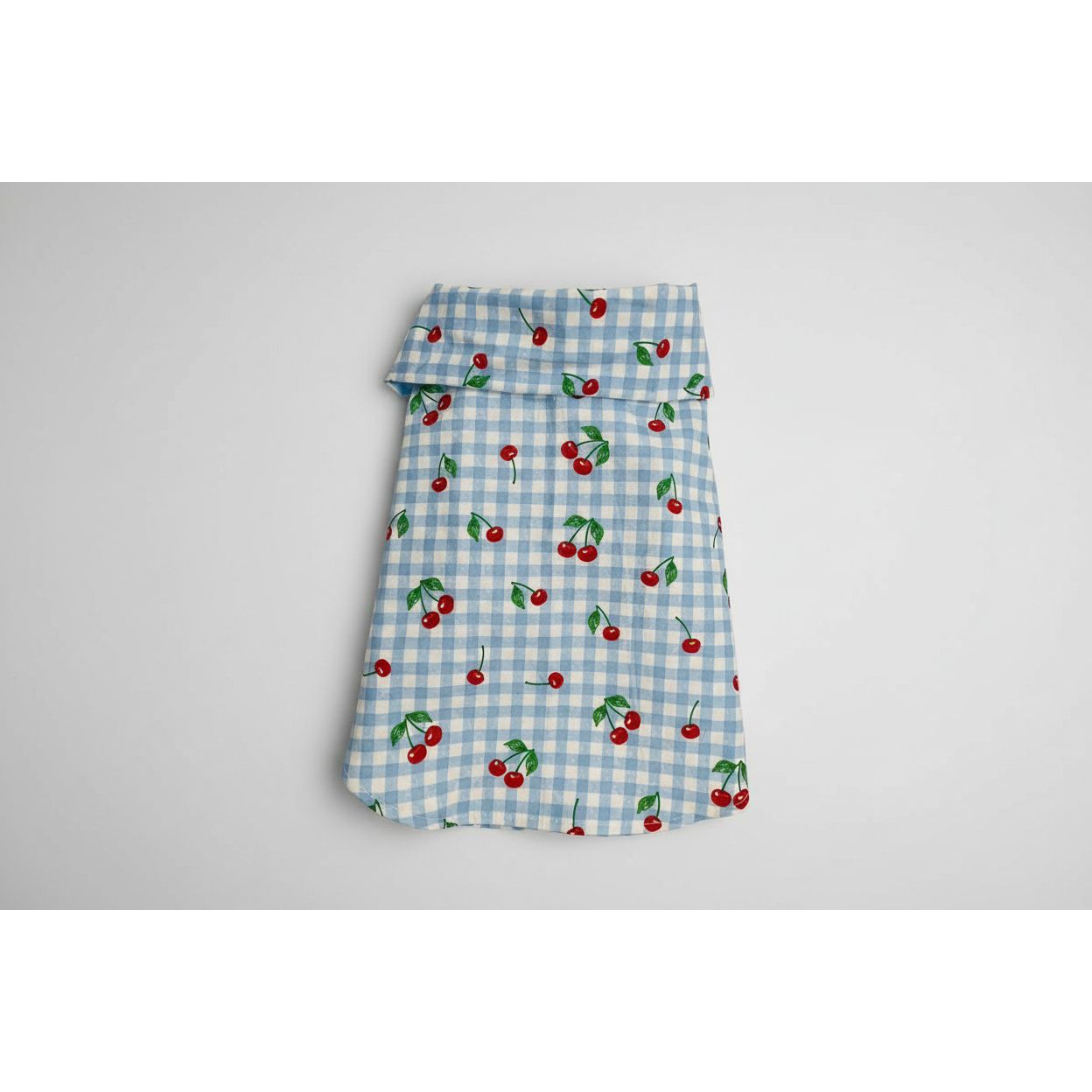 Baby blue gingham checker print with cherries on top summer collar dog shirt.