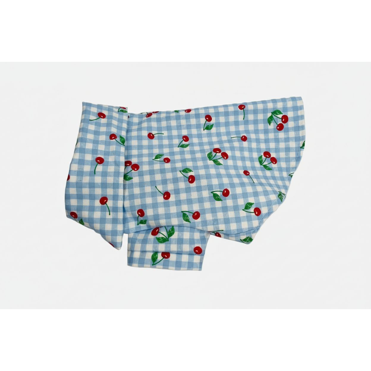 Baby blue gingham checker print with cherries on top summer collar dog shirt.