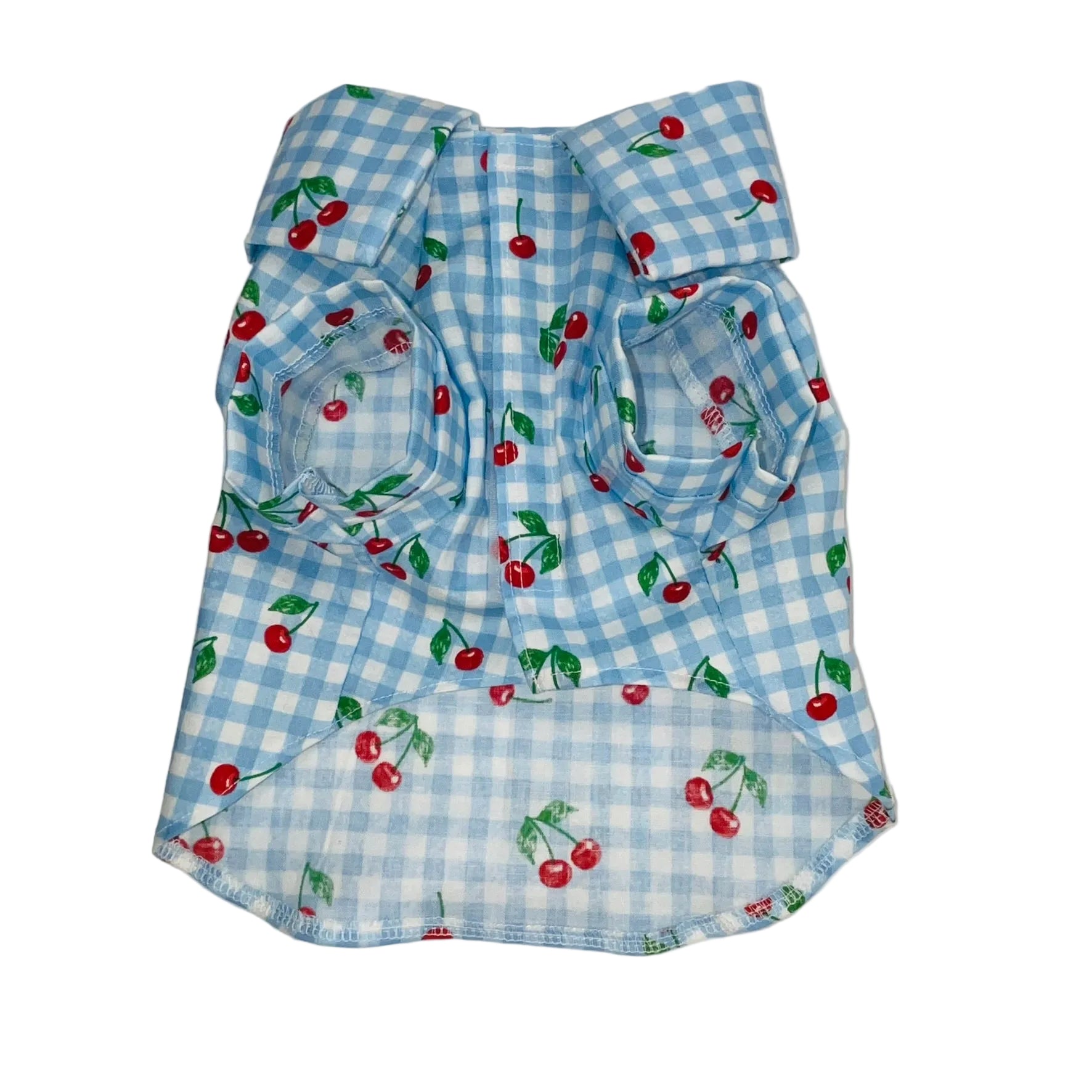 Baby blue gingham checker print with cherries on top summer collar dog shirt.