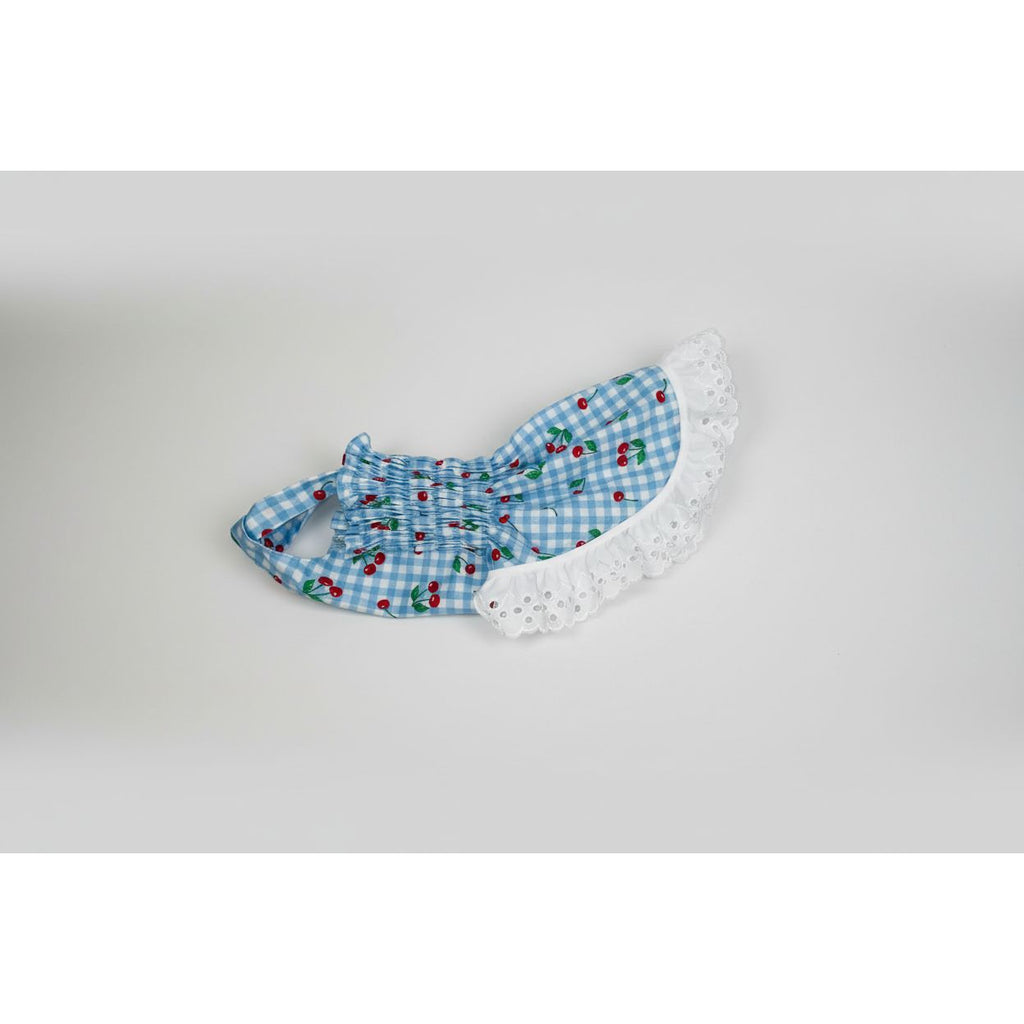 Baby blue gingham and cherry pattern cotton elastic shirred summer dog dress