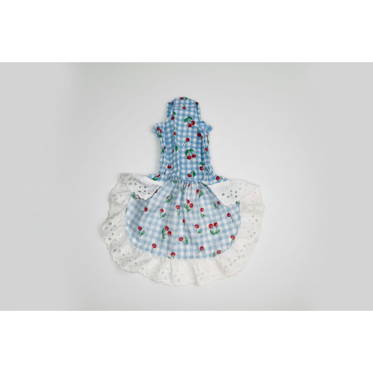Baby blue gingham and cherry pattern cotton elastic shirred summer dog dress