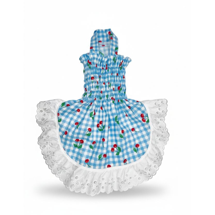 Baby blue gingham and cherry pattern cotton elastic shirred summer dog dress