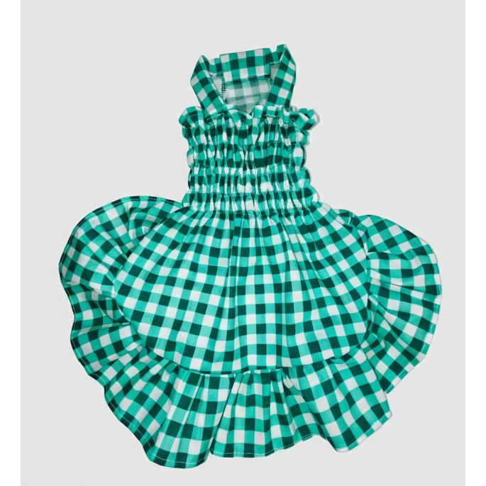 Hunter green gingham elastic shirred summer dog dress.