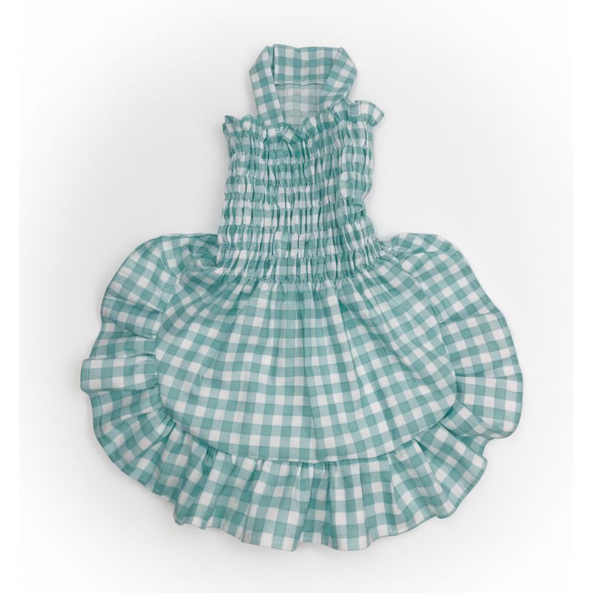 Seafoam green gingham elastic shirred summer dog dress.