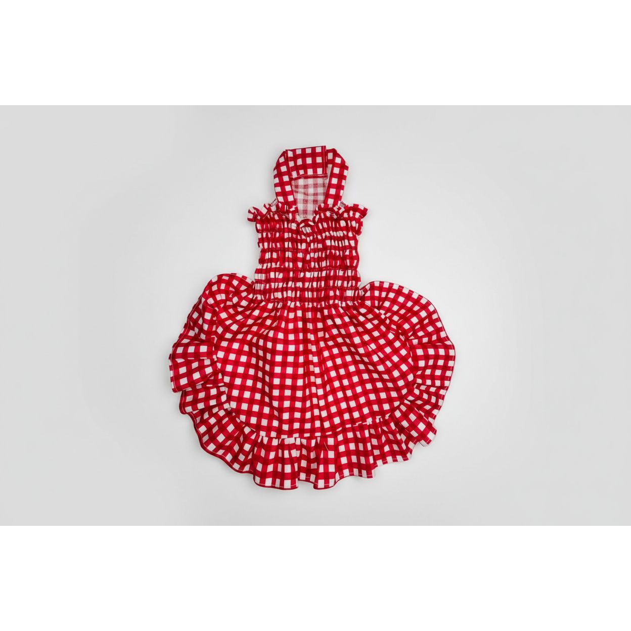 Red gingham elastic shirred summer dog dress.