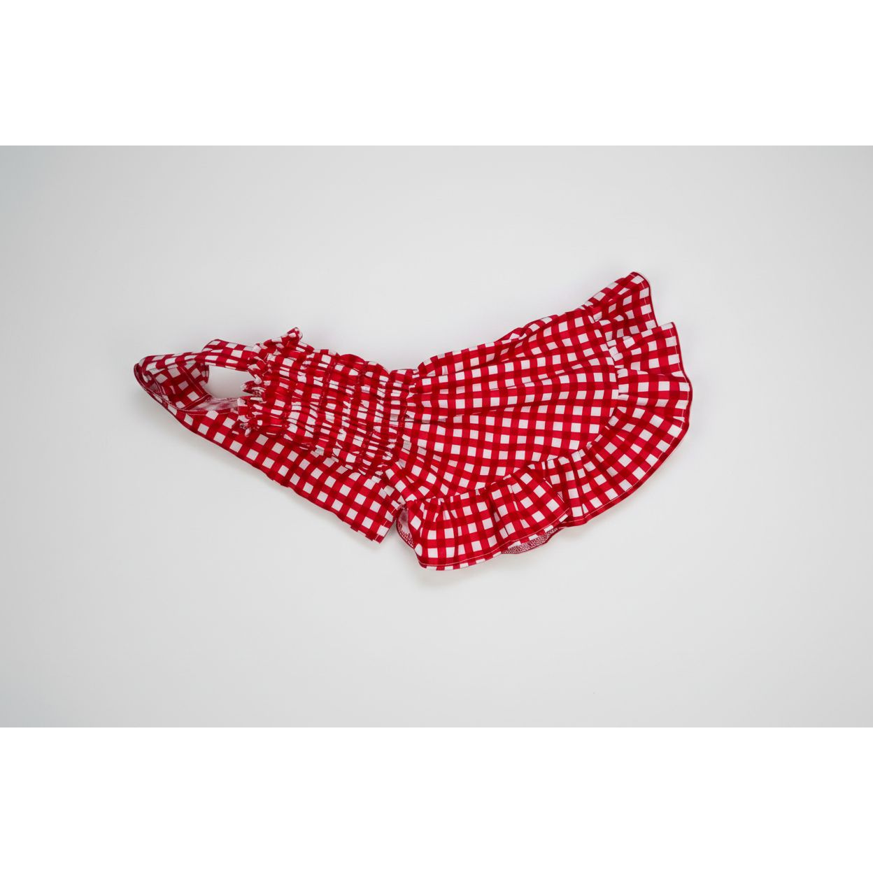 Red gingham elastic shirred summer dog dress.
