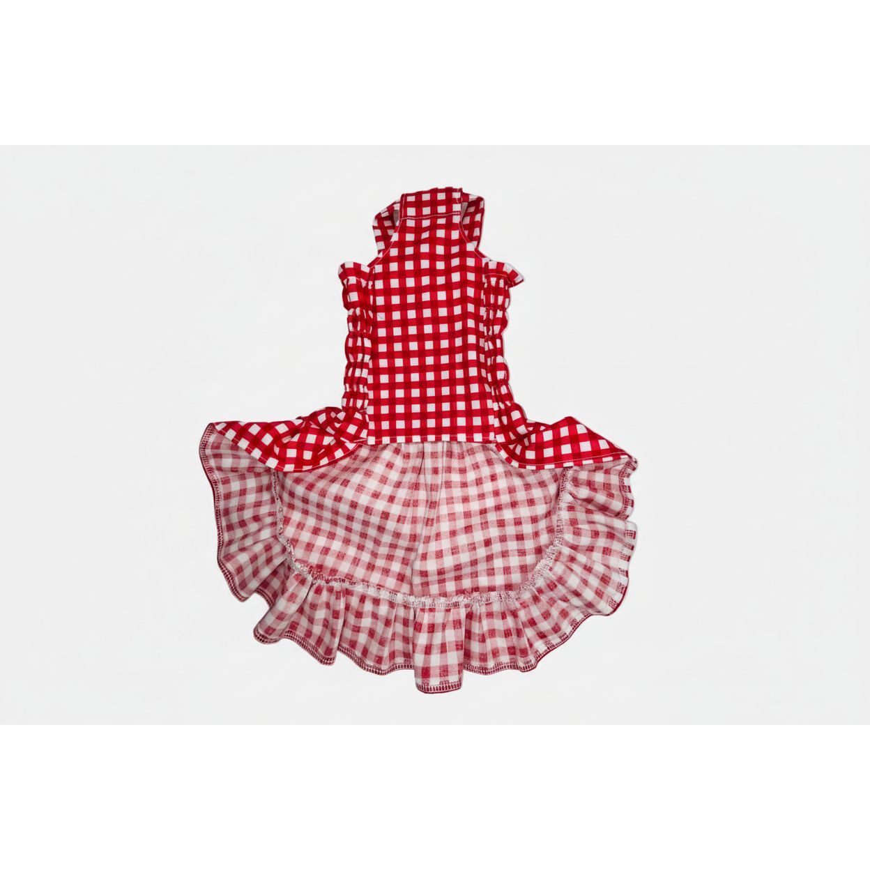 Red gingham elastic shirred summer dog dress.