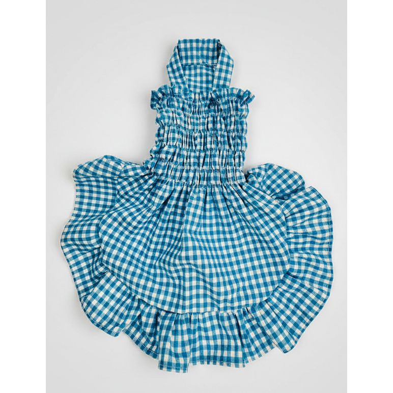 Teal gingham elastic shirred summer dog dress.