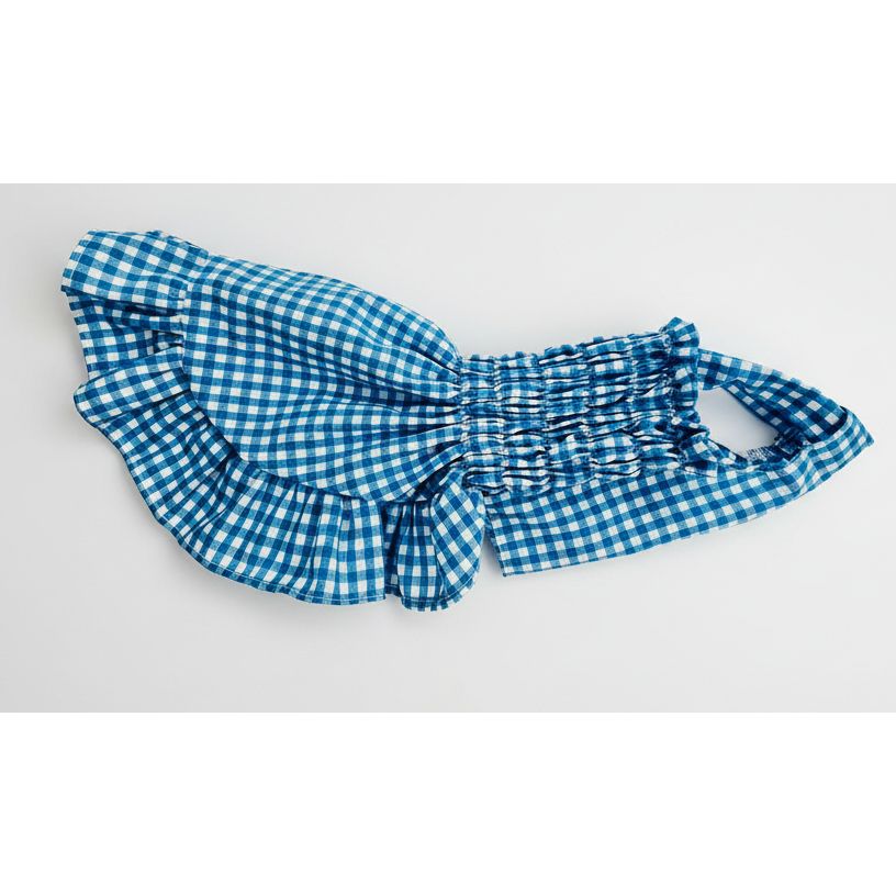 Teal gingham elastic shirred summer dog dress.