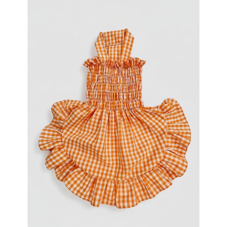 Cute orange gingham elastic shirred summer dog dress.