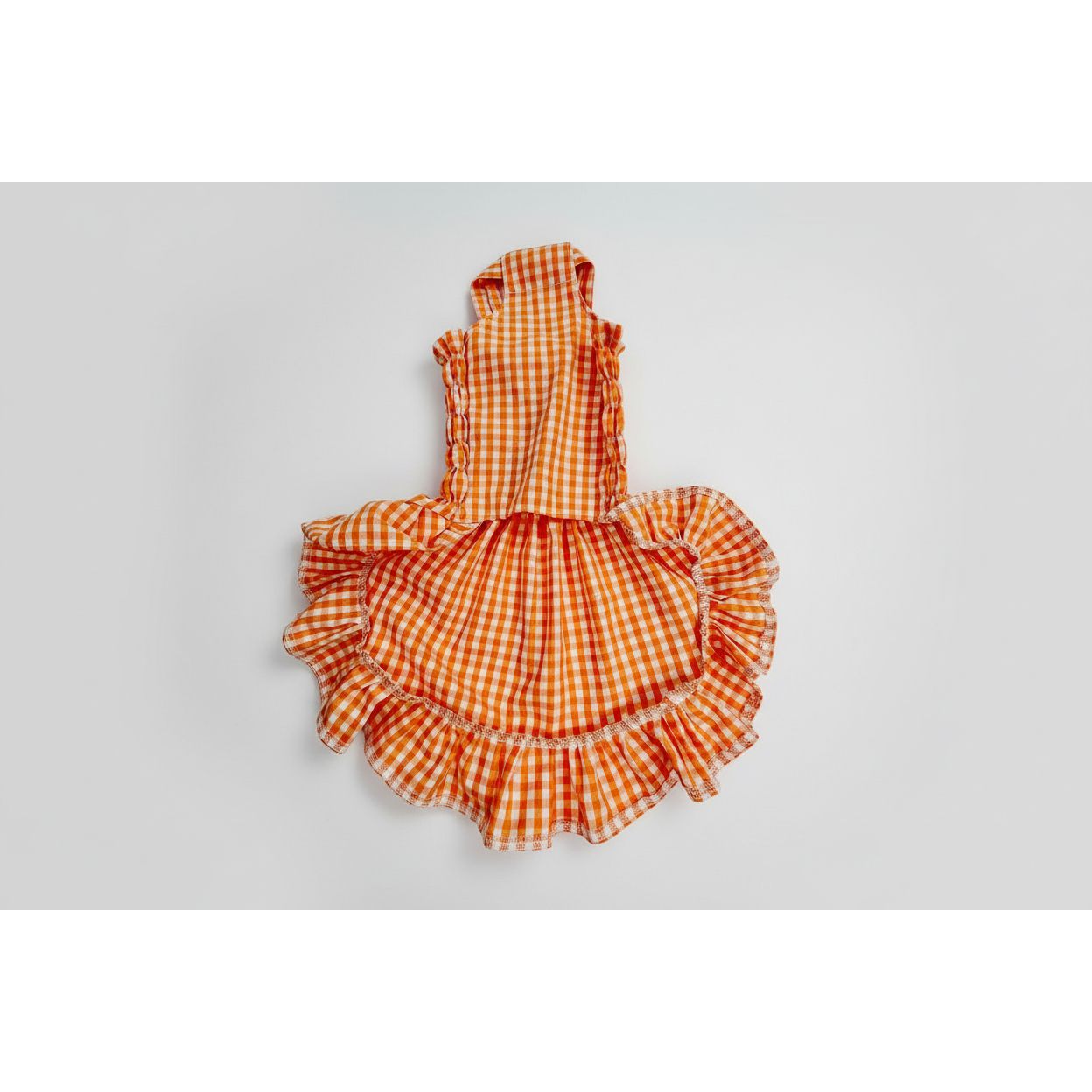 Cute orange gingham elastic shirred summer dog dress.