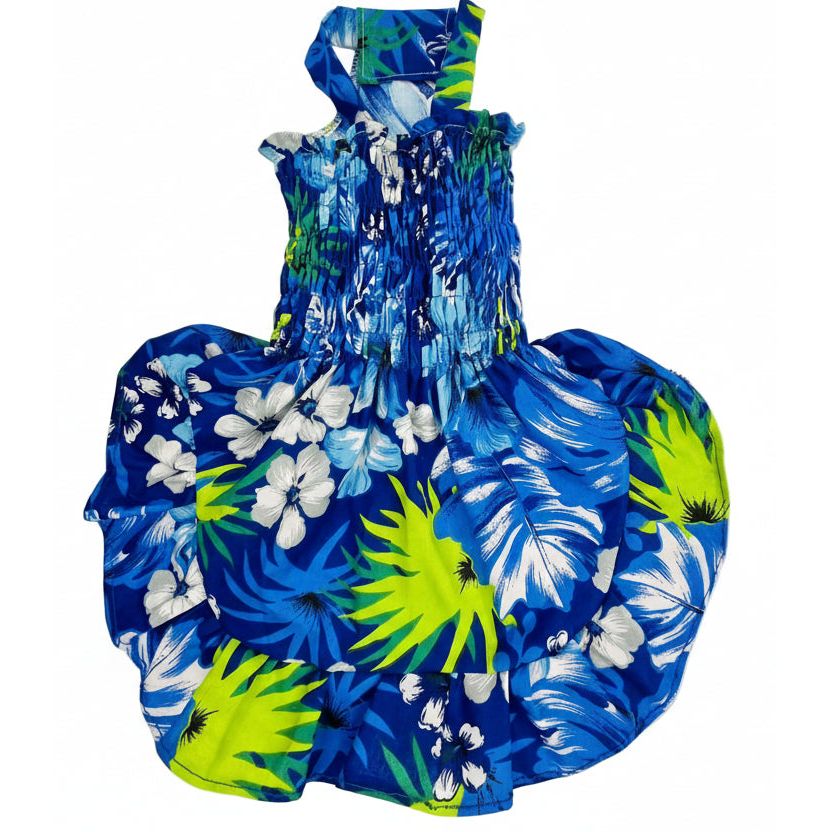 Blue tropical Hawaiian pattern elastic shirred summer dog dress