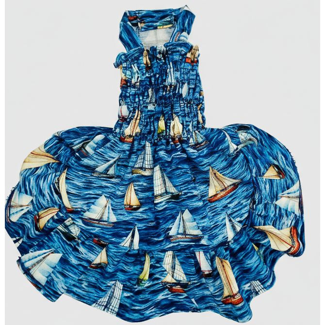 Sail boat pattern elastic shirred summer dog dress