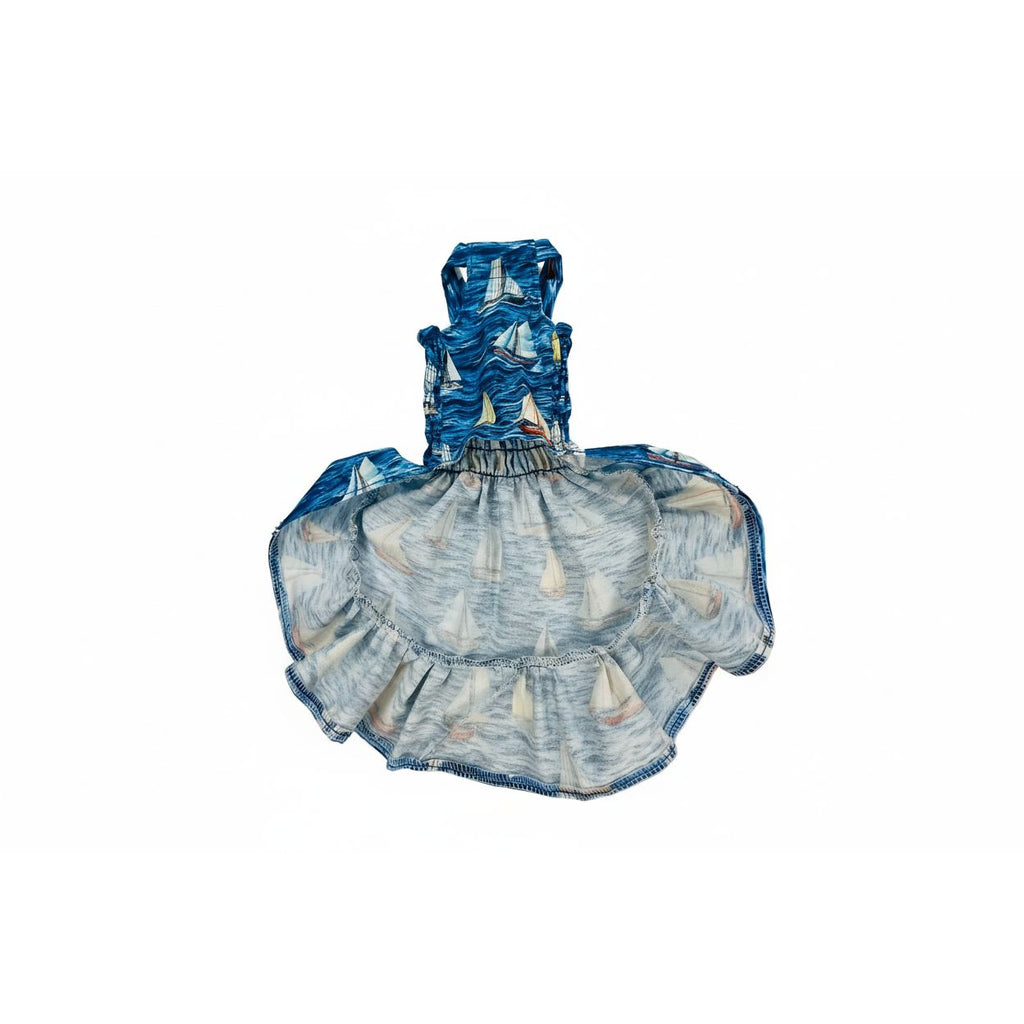 Sail boat pattern elastic shirred summer dog dress