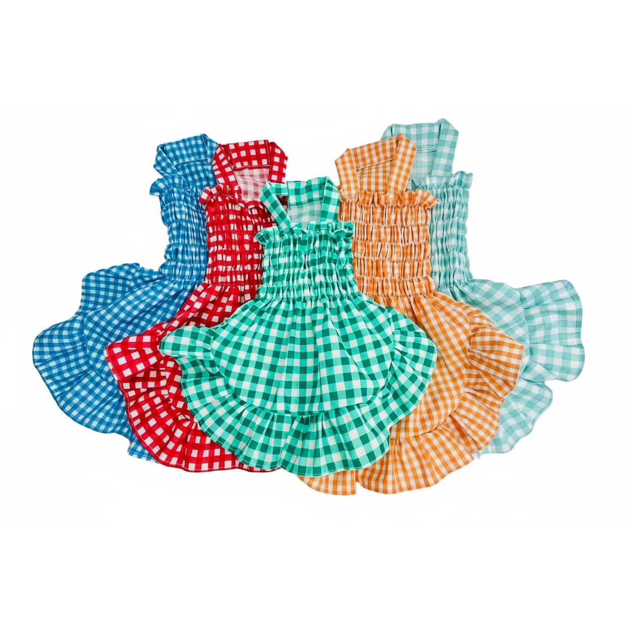 Seafoam green gingham elastic shirred summer dog dress.