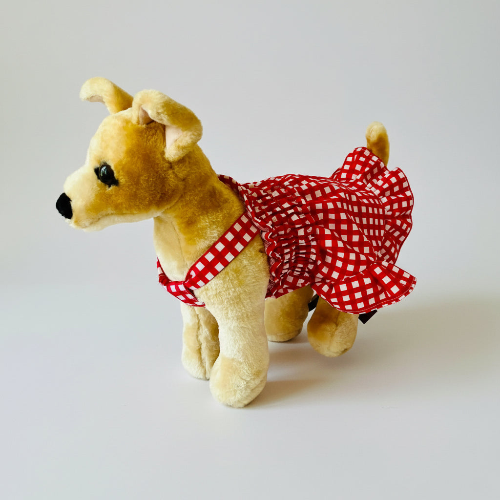 Red gingham elastic shirred summer dog dress.
