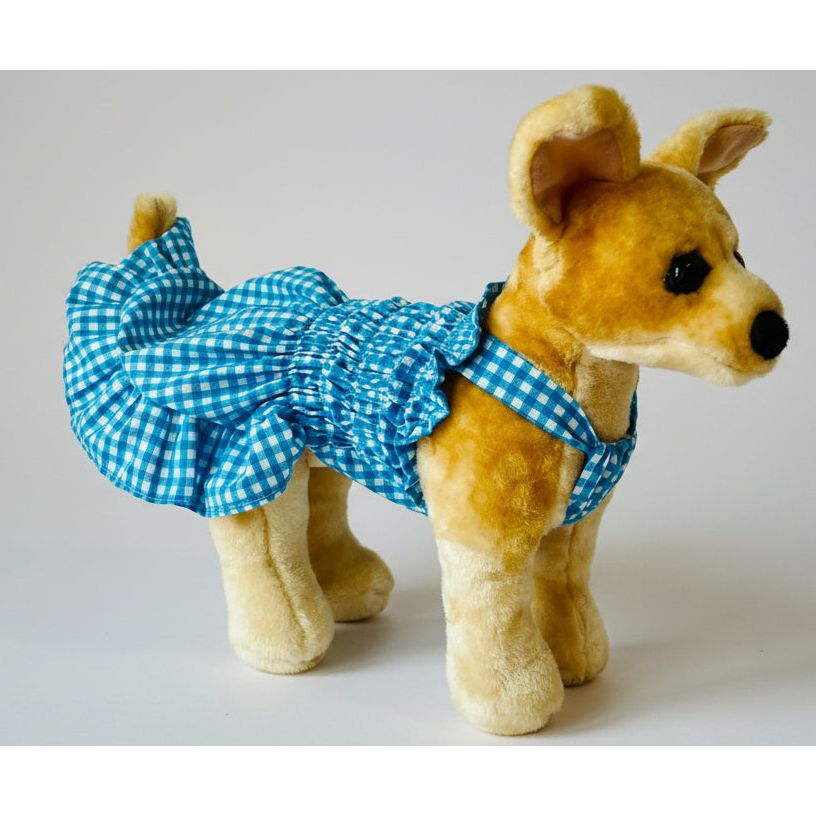 Teal gingham elastic shirred summer dog dress.