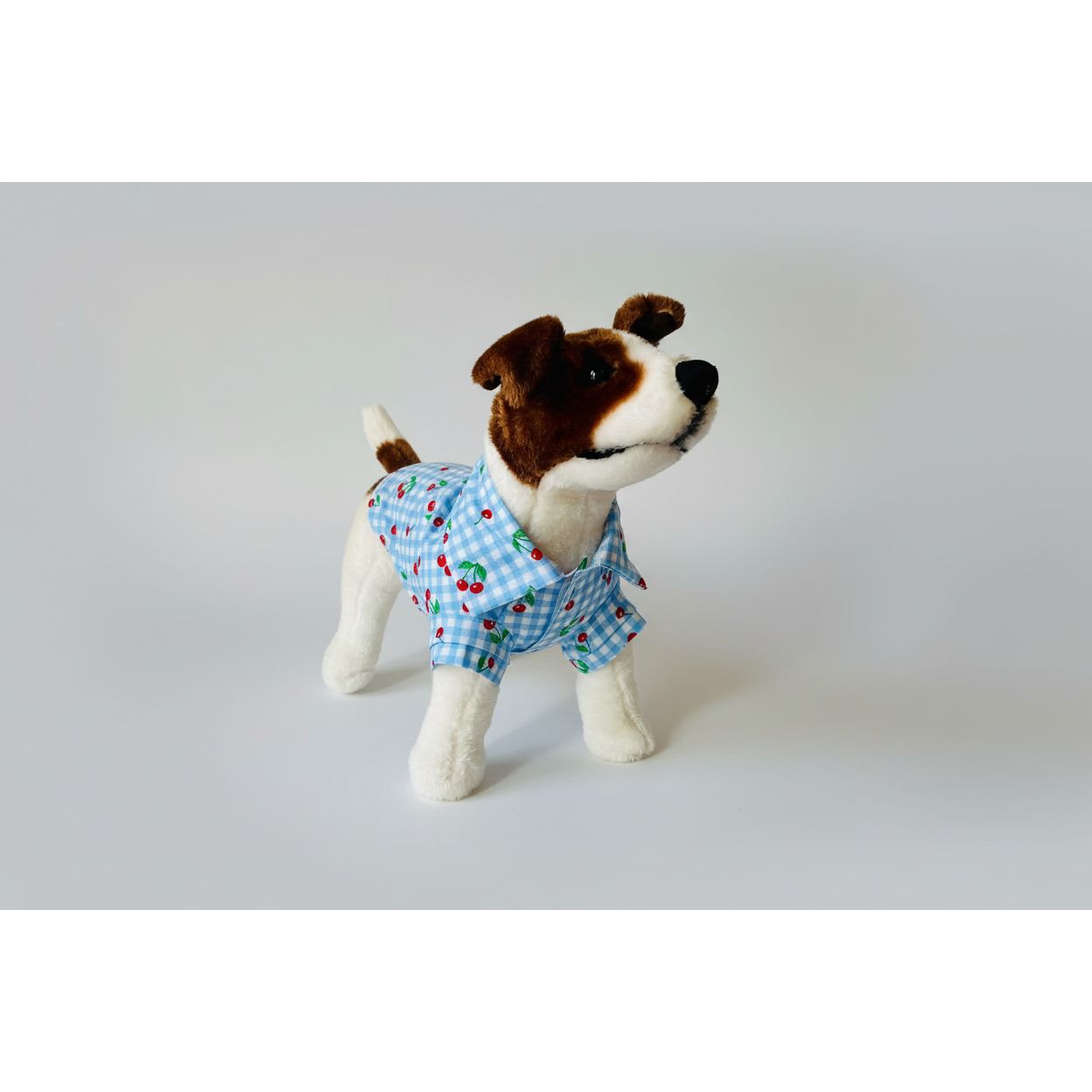 Baby blue gingham checker print with cherries on top summer collar dog shirt.