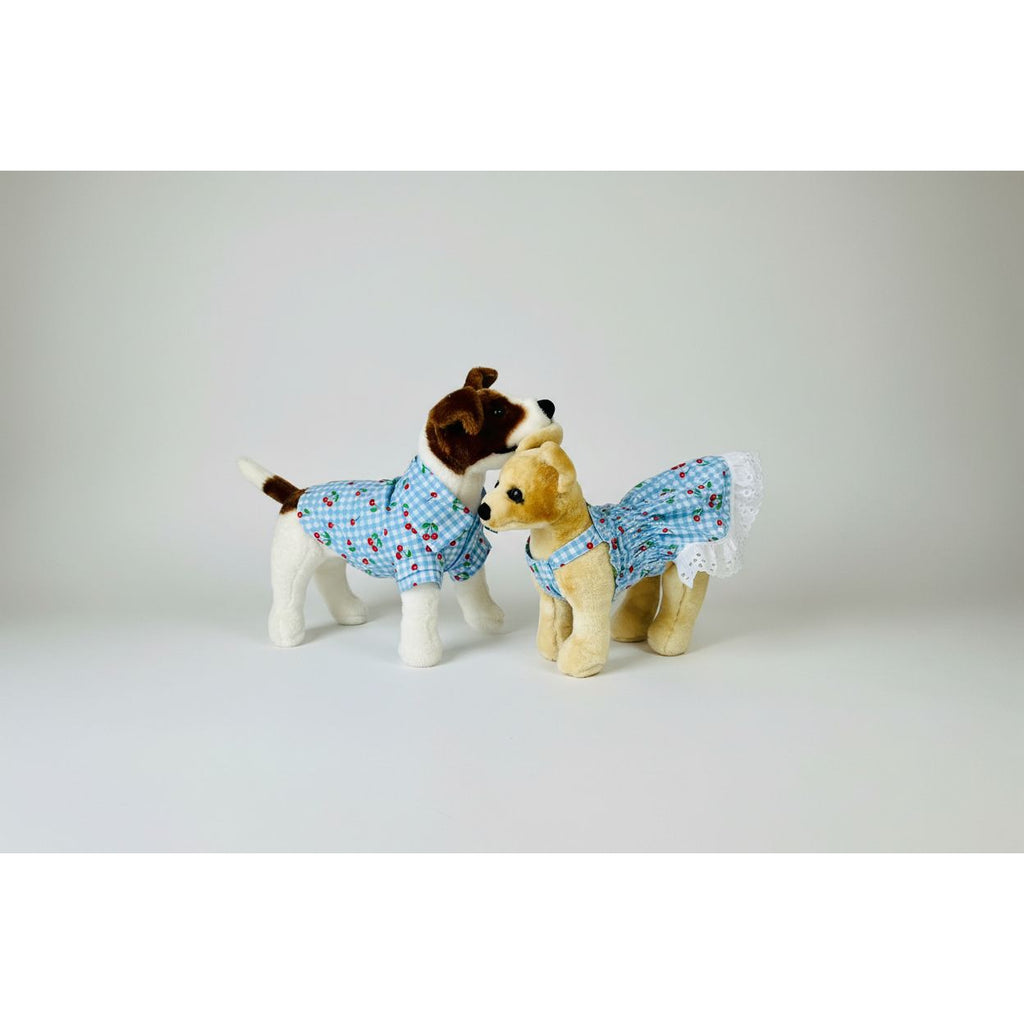 Baby blue gingham checker print with cherries on top summer collar dog shirt.