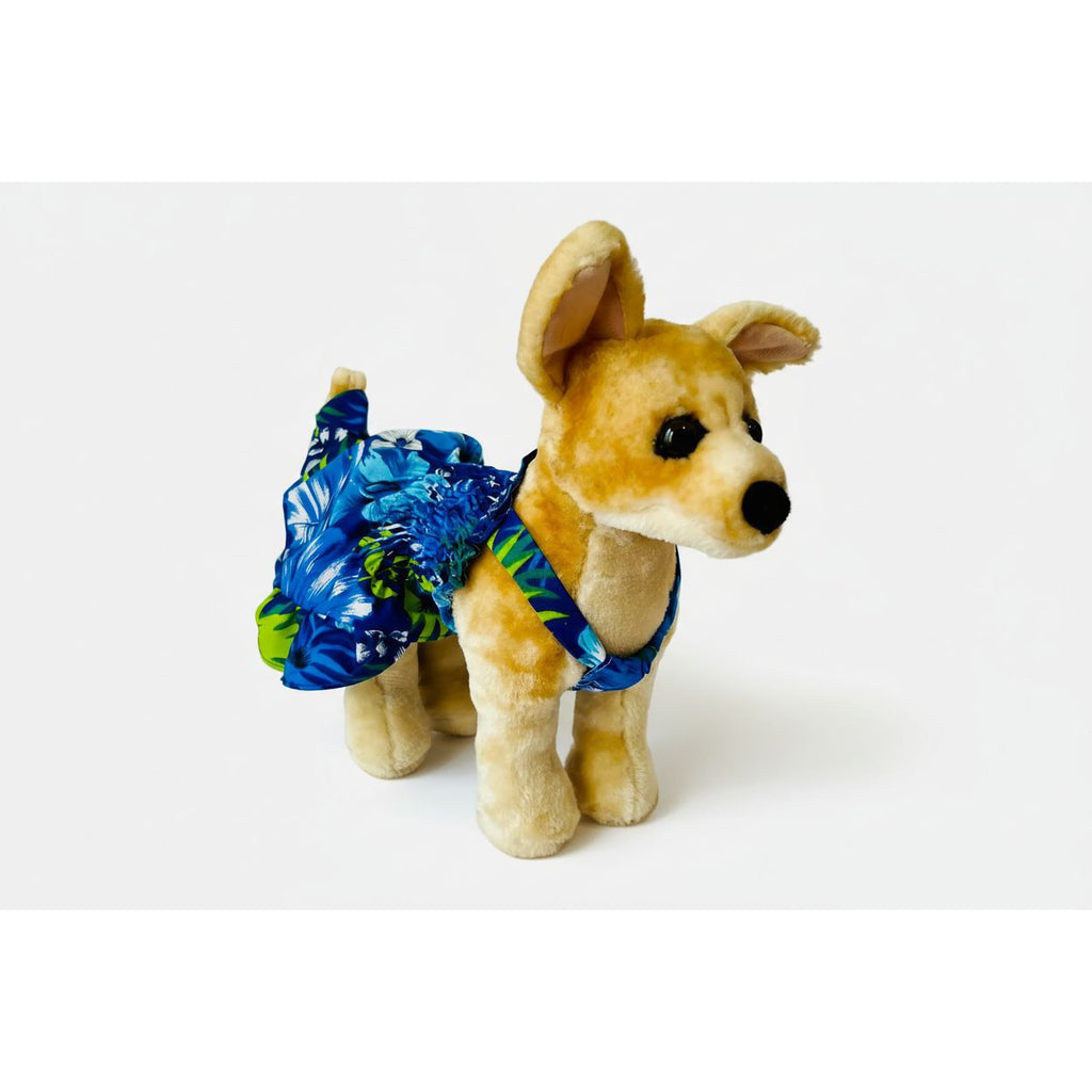 Blue tropical Hawaiian pattern elastic shirred summer dog dress