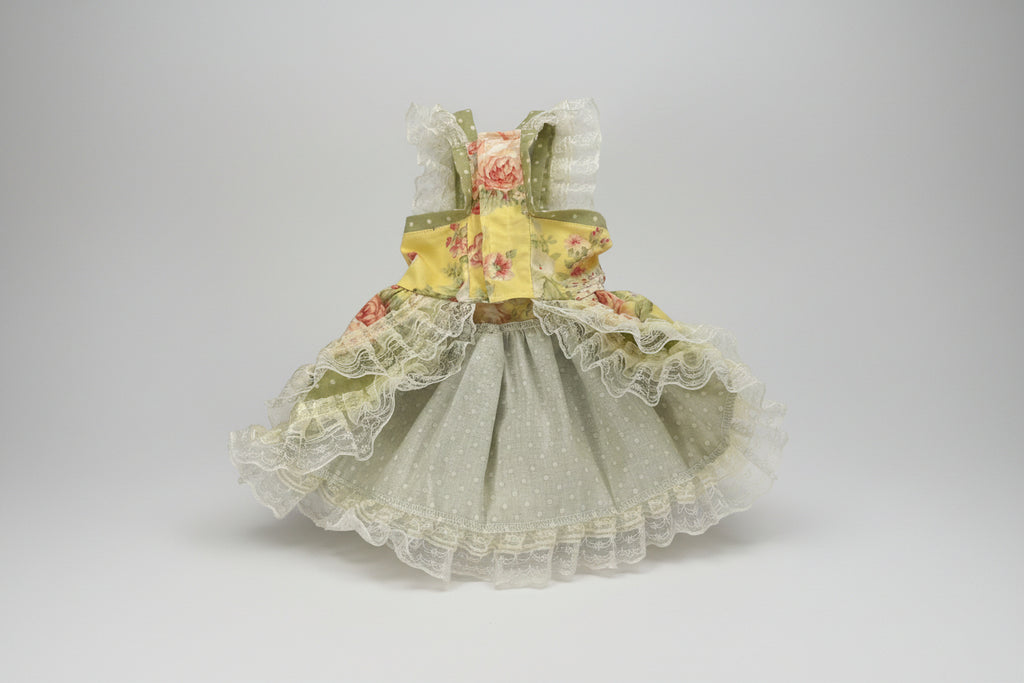 Floral dog dress with lace details on a white background