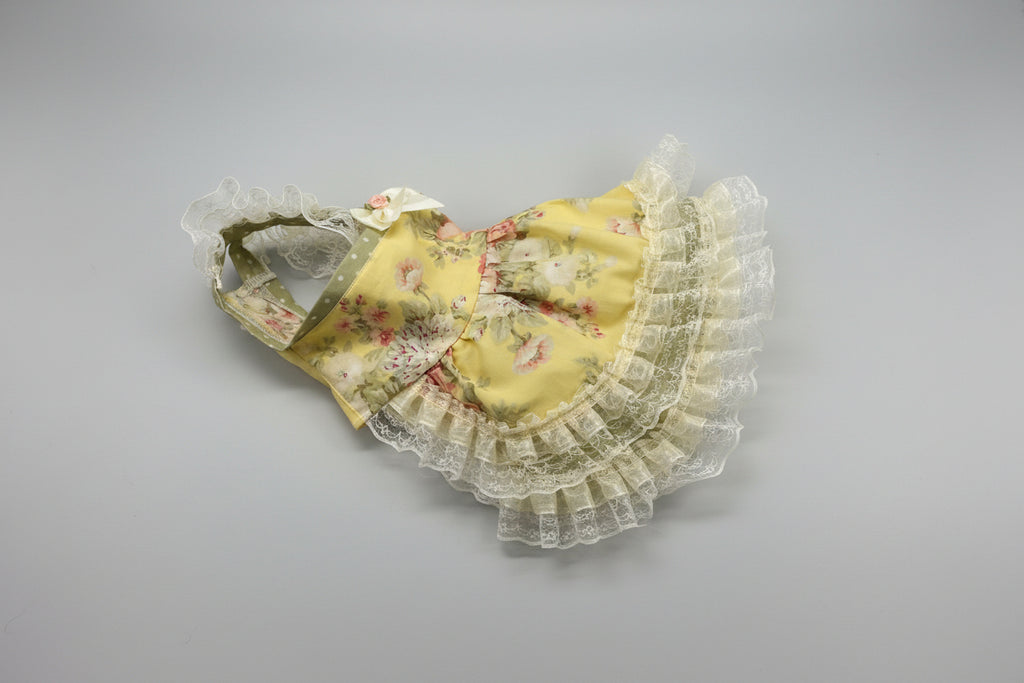 Floral dog dress with lace details on a white background