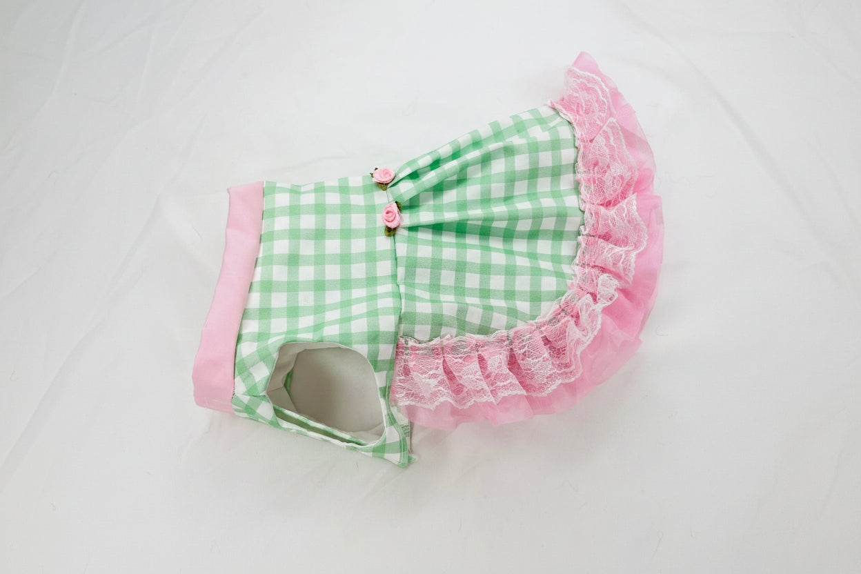 Green checkered dog dress with pink ruffles on a white background