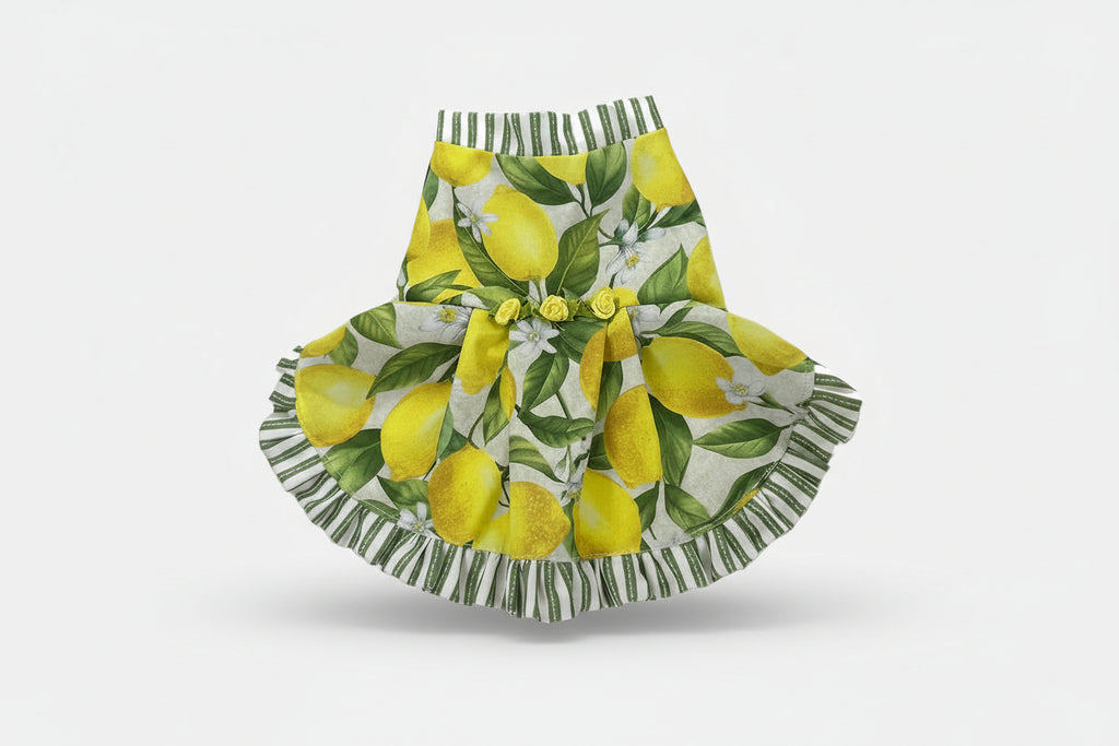 Pet dress with lemon and leaf pattern on a white background