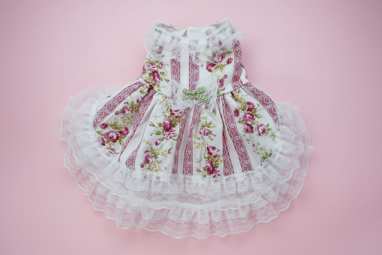 Floral dog dress with lace details on a pink surface
