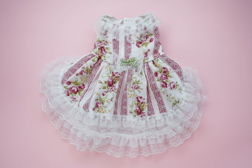 Floral dog dress with lace details on a pink surface
