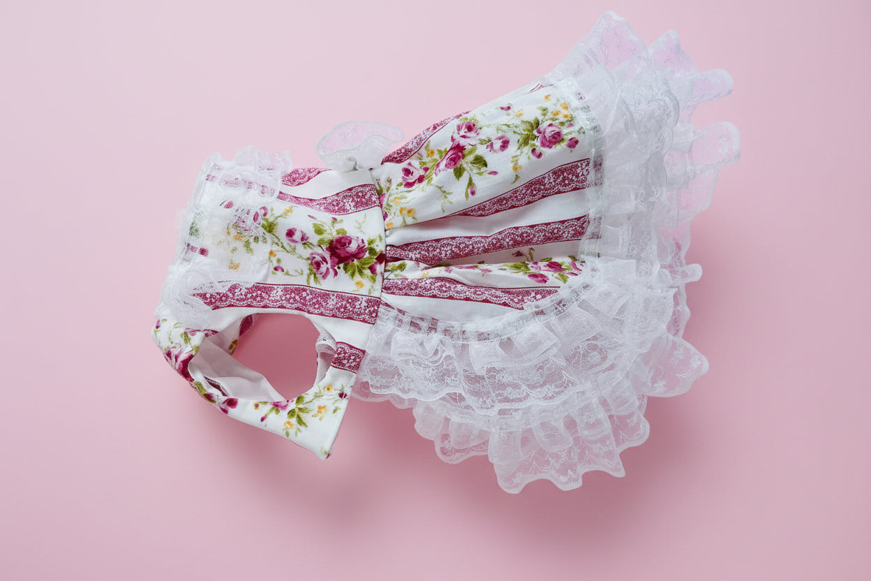Floral dog dress with lace details on a pink surface