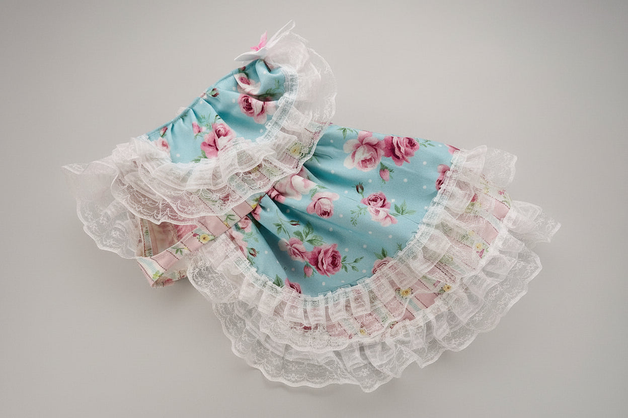 Floral lace dog dress on a pink background