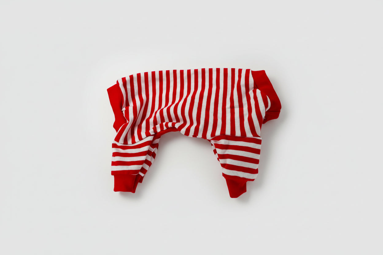 Red and white striped baby romper on a white background