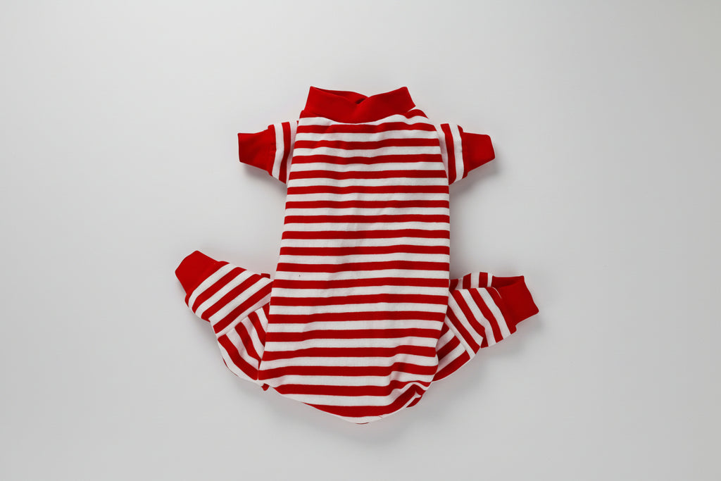 Red and white striped dog pajamas on a white surface