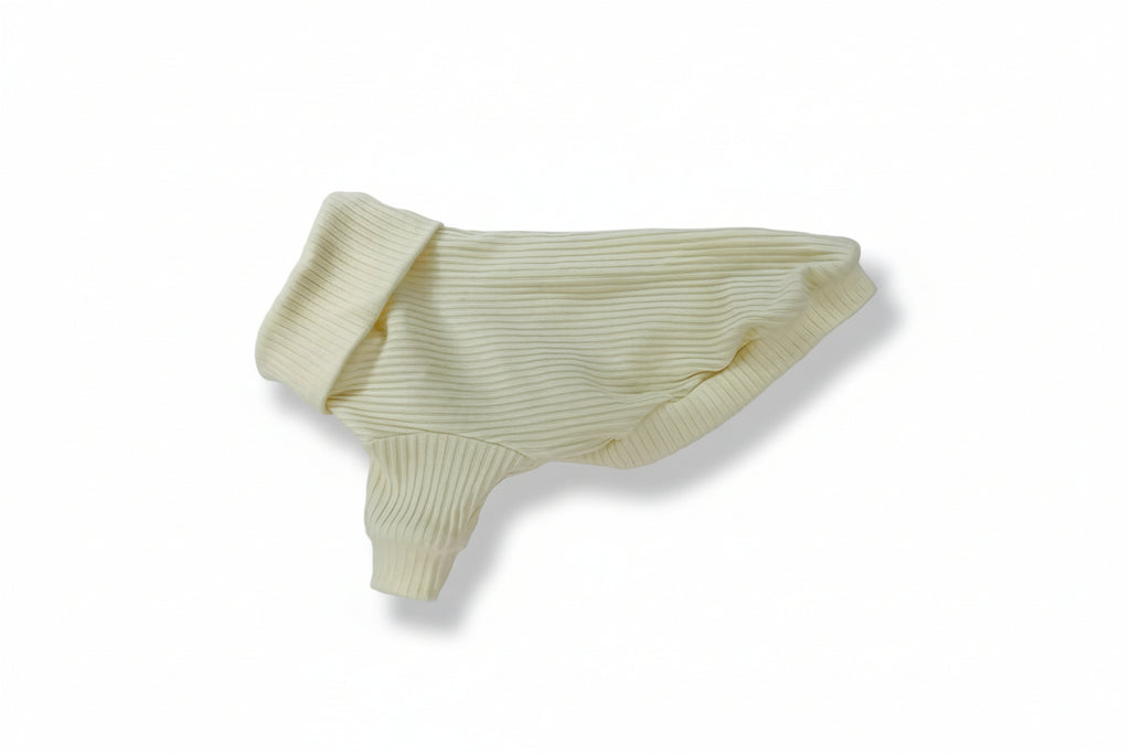 Solid beige long sleeve ribbed cotton turtleneck dog shirt.