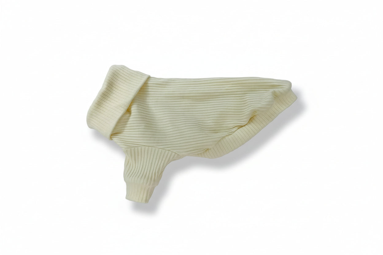 Solid beige long sleeve ribbed cotton turtleneck dog shirt.