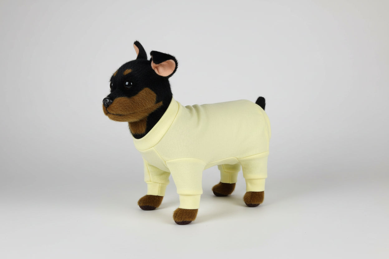 Dog wearing a yellow onesie on a white background