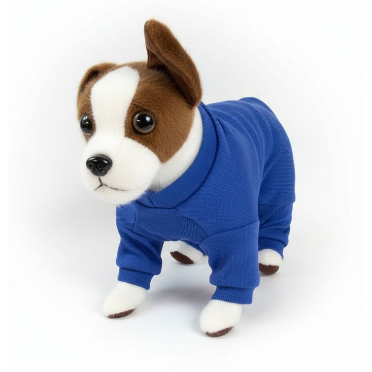 dog in blue pajamas 