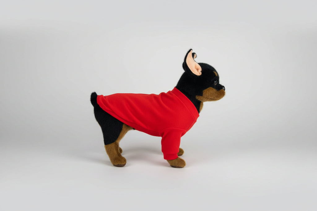 Small dog wearing a red onesie on a white background