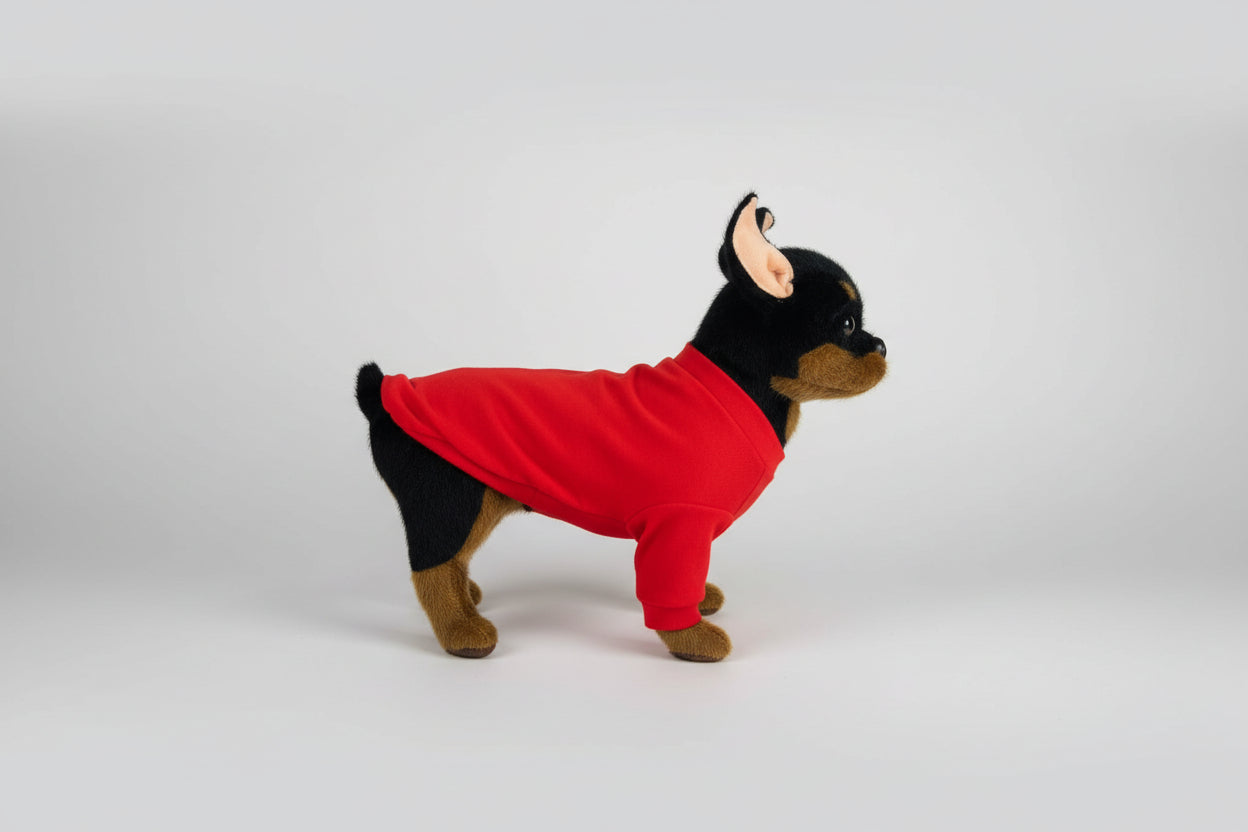 Small dog wearing a red onesie on a white background