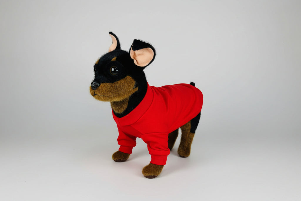 Stuffed dog toy with a red outfit on a white background
