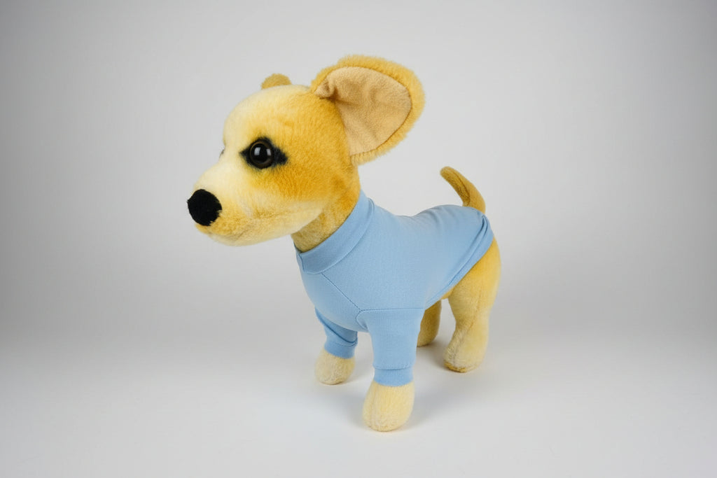 Plush dog toy with a blue cast on a white background