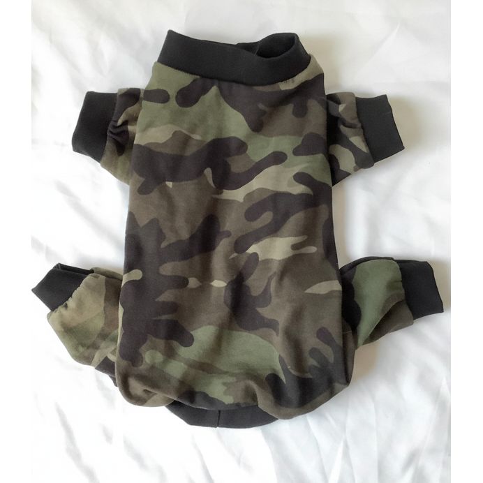 Camouflage-patterned dog pajamas on a white background