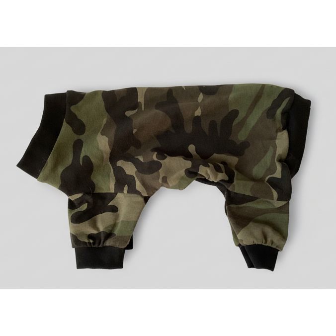 Camouflage-patterned dog pajamas on a white background